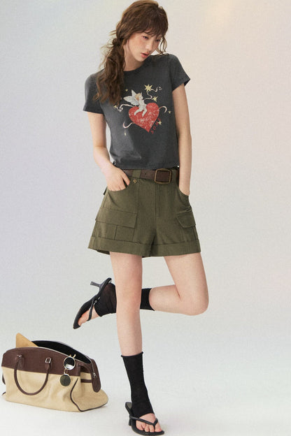 Multi-Pocket Rolled Hem Cargo Shorts