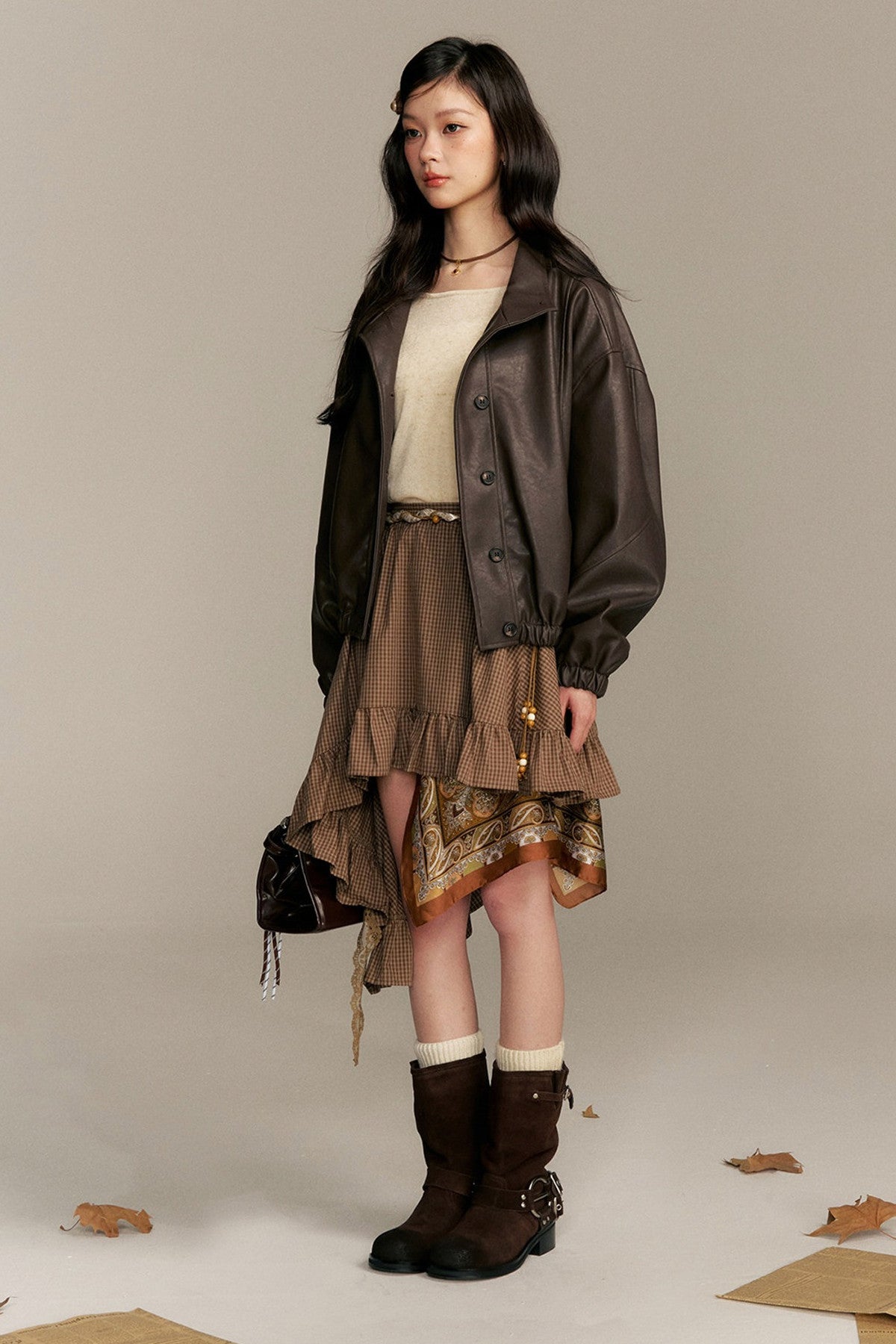 Barn Style Stand Collar Short Leather Jacket