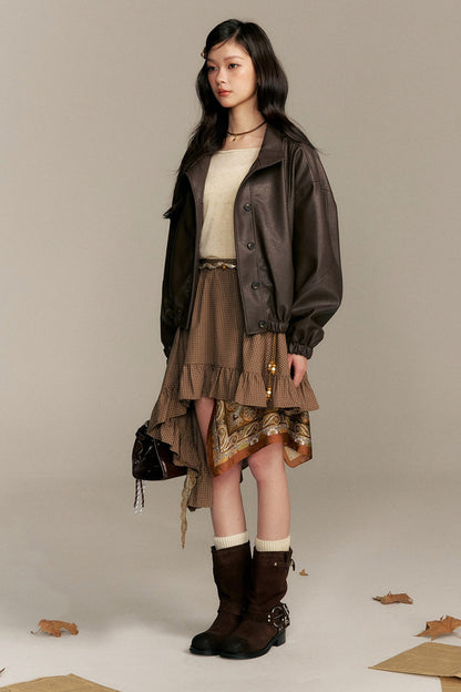 Barn Style Stand Collar Short Leather Jacket