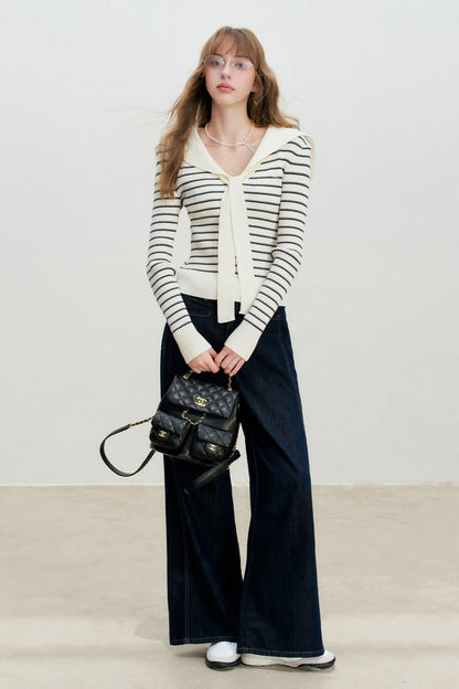 Navy Striped Sailor Collar Knit Top