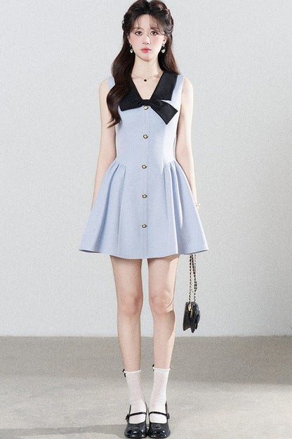 Blue Sleeveless Collar Bow Dress