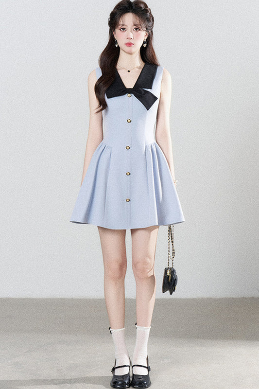 Blue Sleeveless Collar Bow Dress