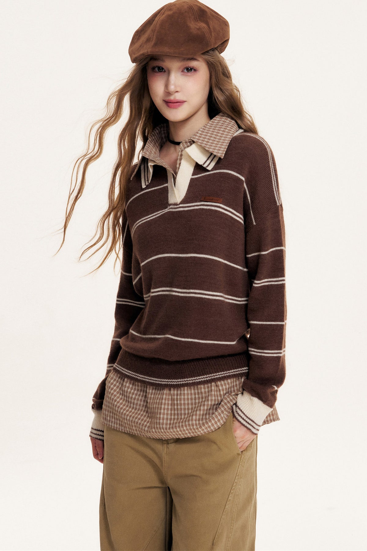 Striped Layered-Look Polo Sweater