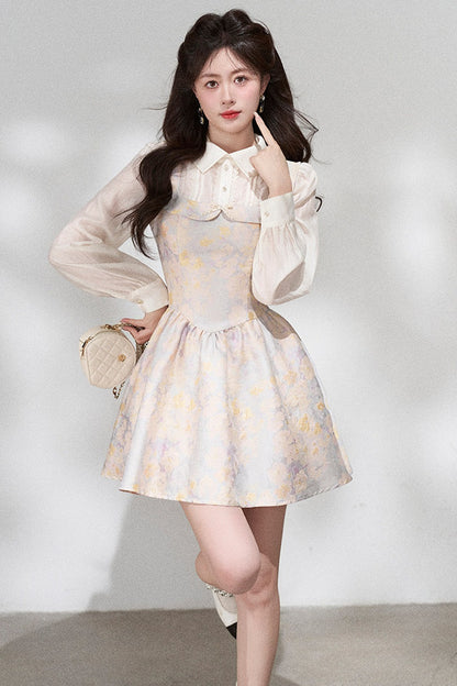 Layered-Look Long-Sleeve Jacquard Dress