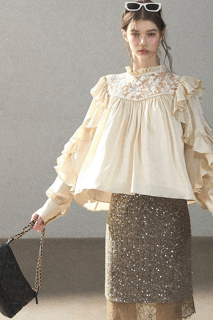 Ruffled Lace Patchwork Textured Chiffon Blouse