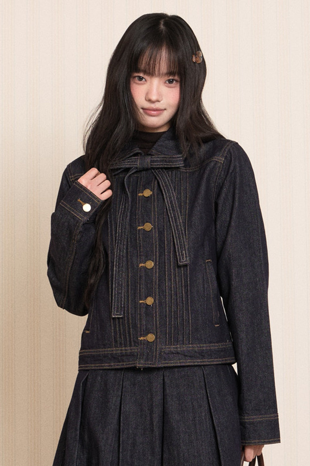 Washed Denim Lapel Tie Jacket