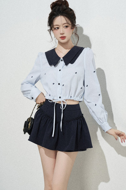 Doll Collar Drawstring Long-Sleeve Shirt and Skirt Set-Up