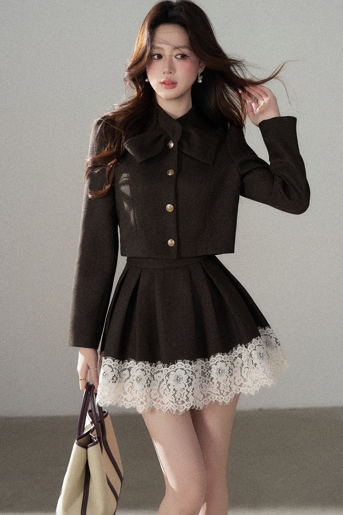 Coffee Lace Splicing Jacket and Skirt Set-Up