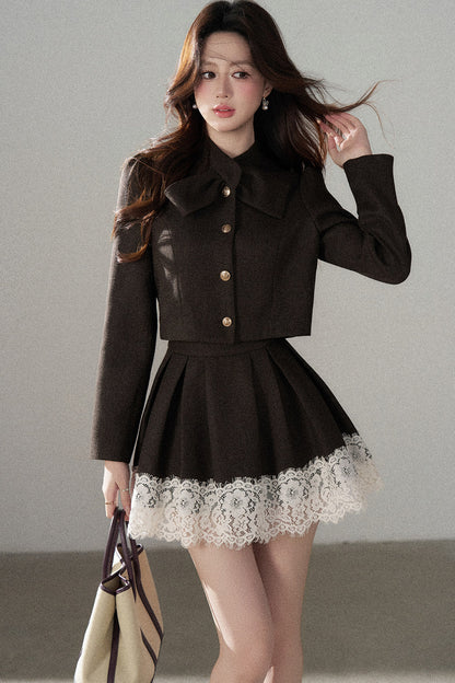 Coffee Lace Splicing Jacket and Skirt Set-Up