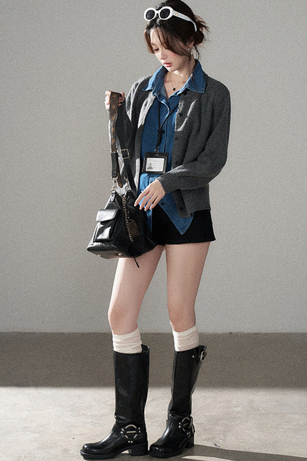 Layered-Look Denim Collar Sweater