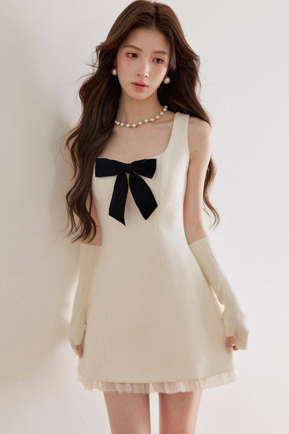 Bow Waist Mesh Wool Dress