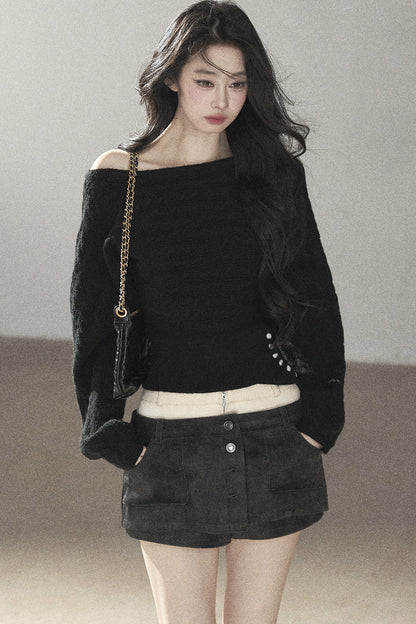 Off-Shoulder Cable Knit Sweater