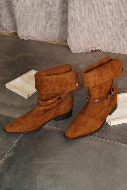 Pointed-Toe Suede Foldable Rivet Ankle Boots