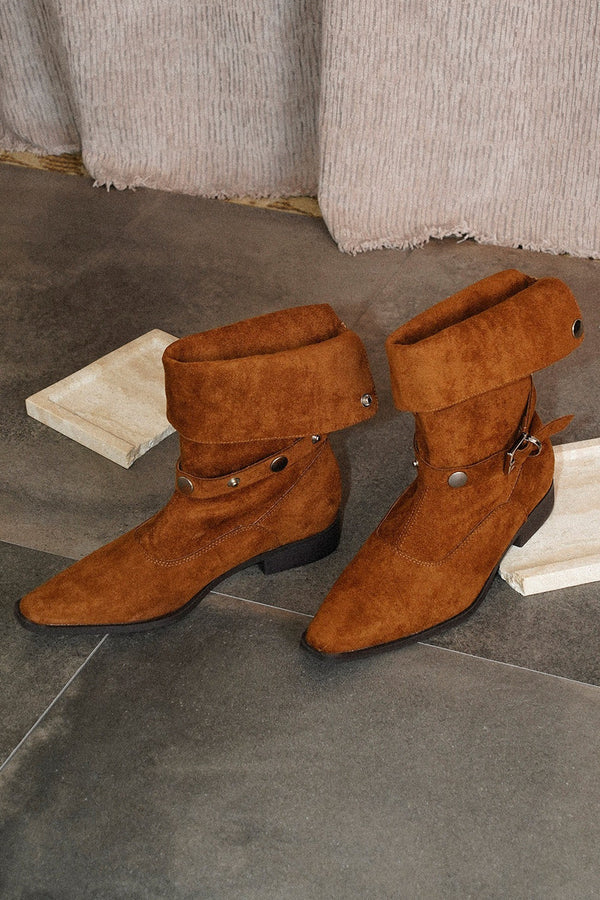 Pointed-Toe Suede Foldable Rivet Ankle Boots