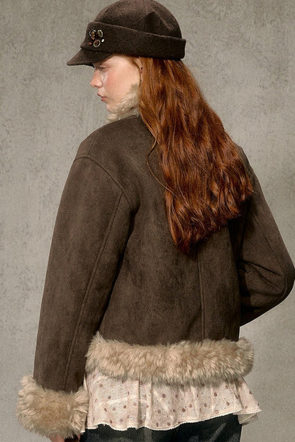 Oatmeal Chocolate Fur Trim Asymmetrical Jacket
