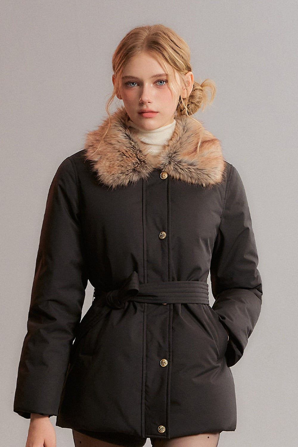 Black Fur Collar Tie-Waist Down Jacket