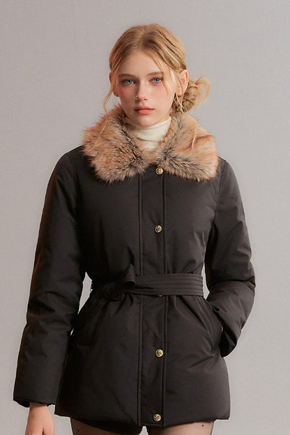 Black Fur Collar Tie-Waist Down Jacket