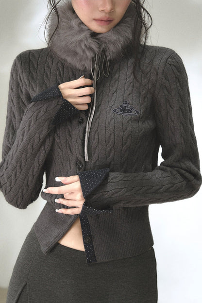 Color-Blocked Polka Dot Cable Knit Cardigan