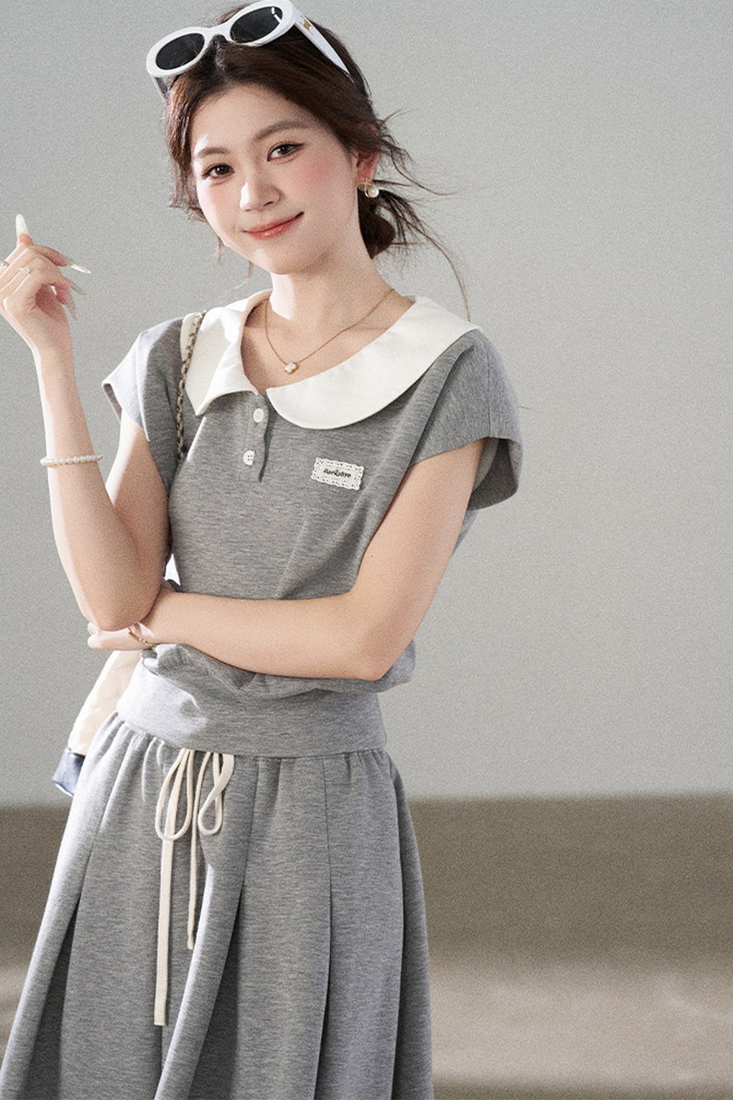 Gray Doll Collar Short-Sleeve Top and Skirt Set-Up