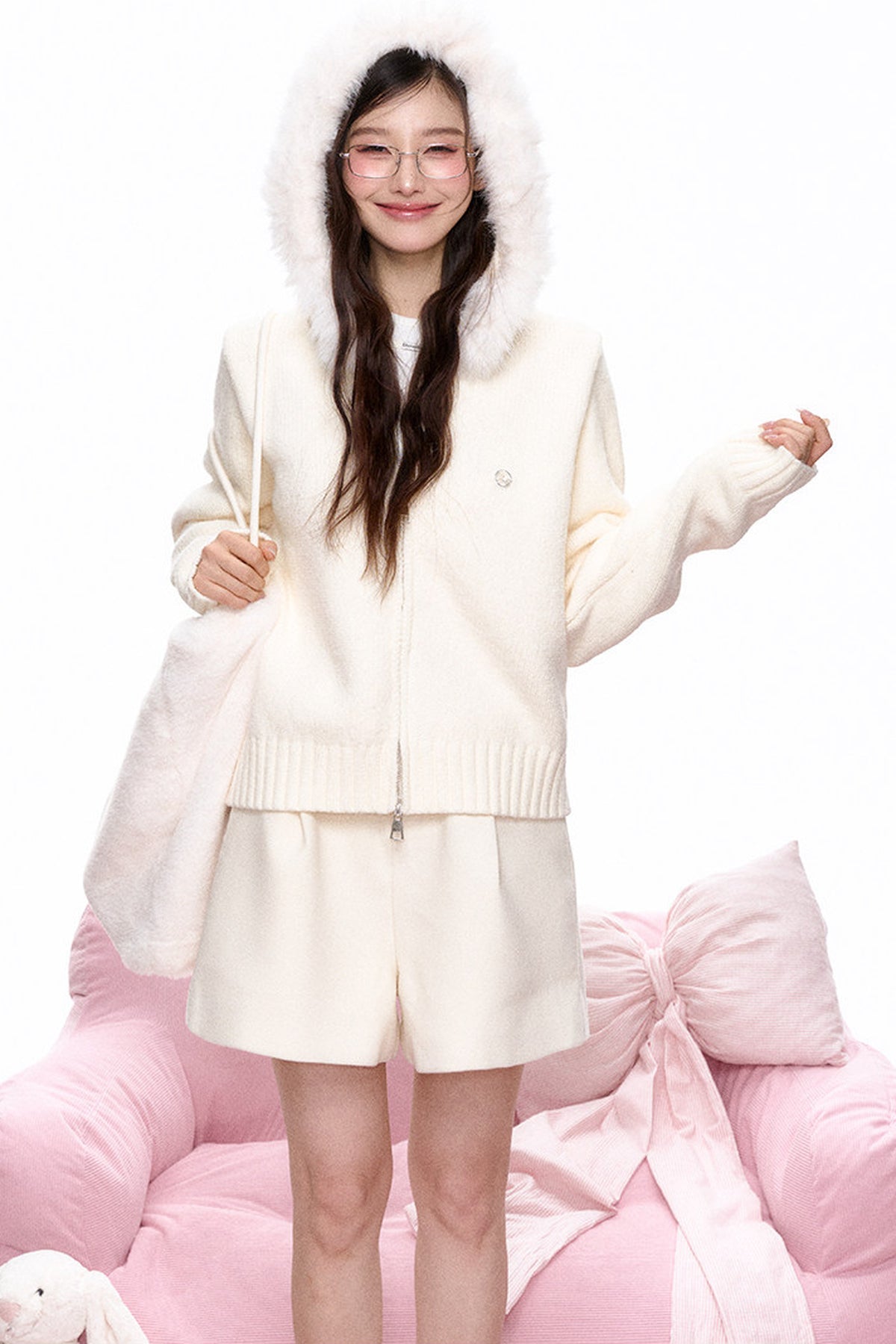Large Fur Collar Hooded Knit Cardigan and Shorts Set-Up