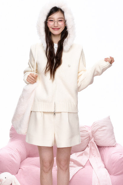 Large Fur Collar Hooded Knit Cardigan and Shorts Set-Up