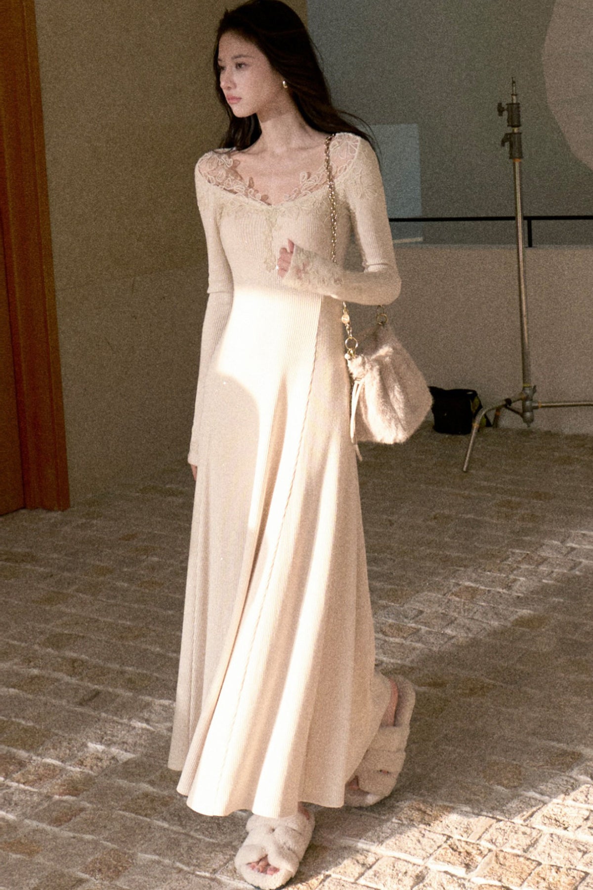 Spliced Lace Trim Long-Sleeve A-Line Dress