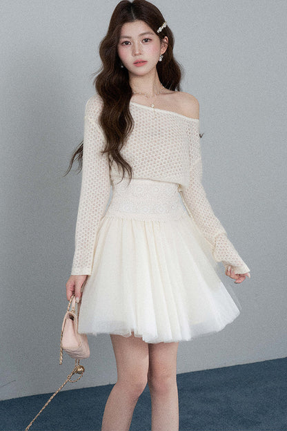 French Hollow-Out Lace Off-Shoulder Dress