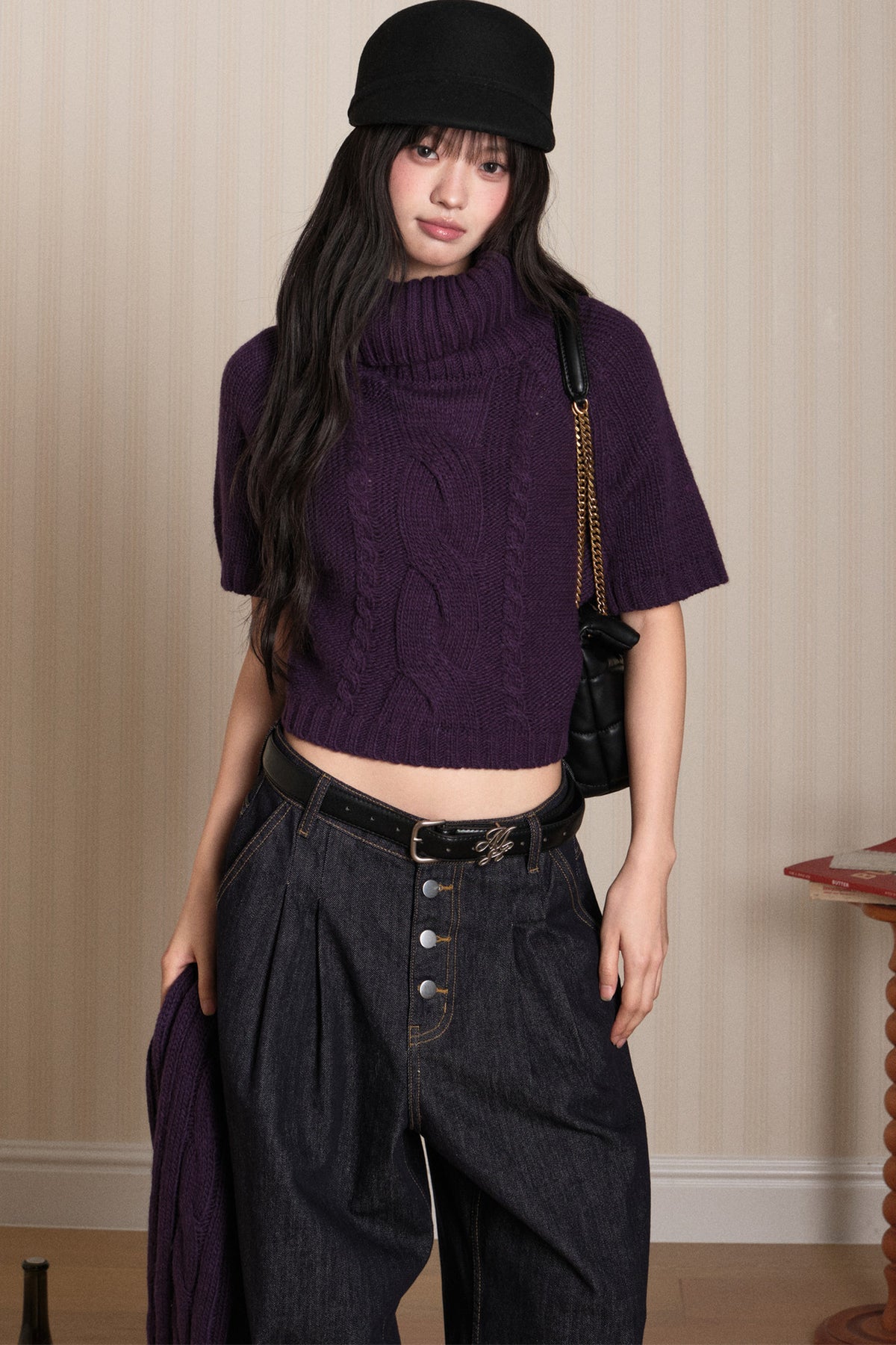 Short Sleeve Scarf Layered Knit Sweater