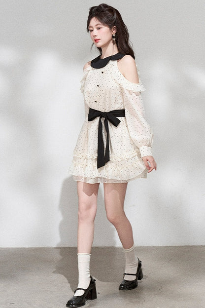 Off-Shoulder Polka Dot Chiffon Dress