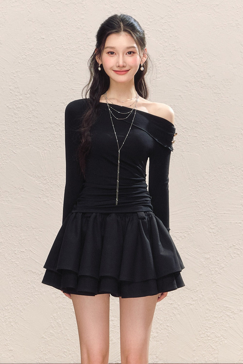 Asymmetrical Collar Long-Sleeved Knit Top and Skirt Set-Up