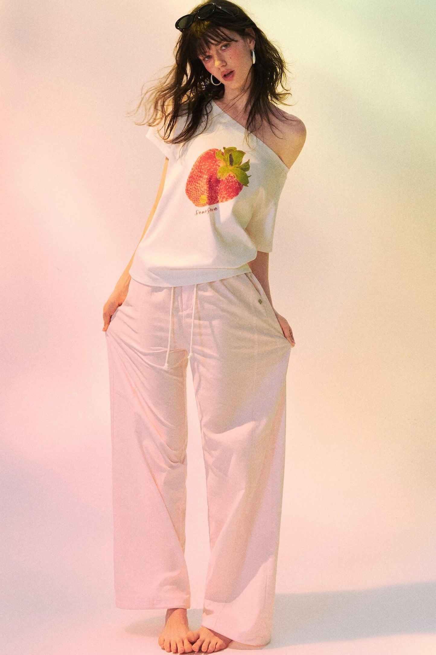Strawberry Print One-Shoulder Blouse