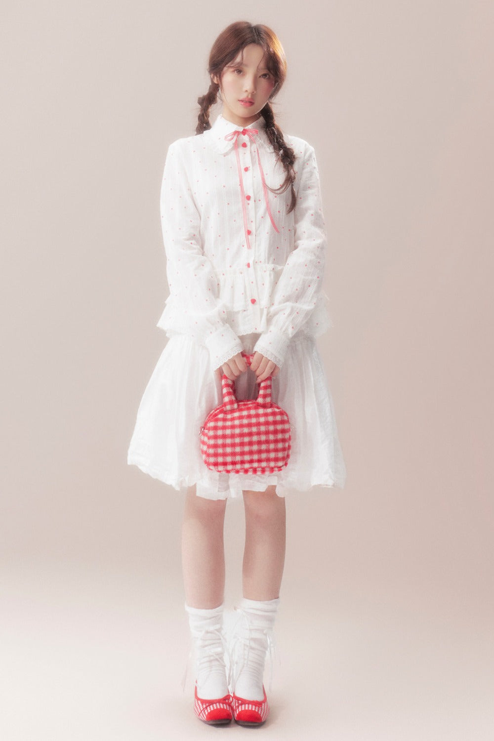 Bow Polka Dot Shirt and Skirt Set-Up