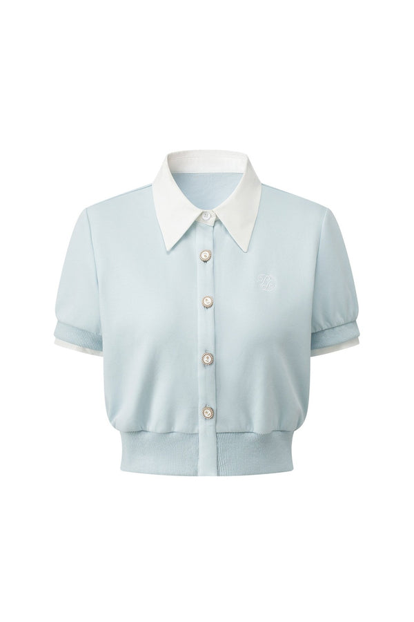 Color-Block Short-Sleeve Cardigan and Puffy Skirt Set