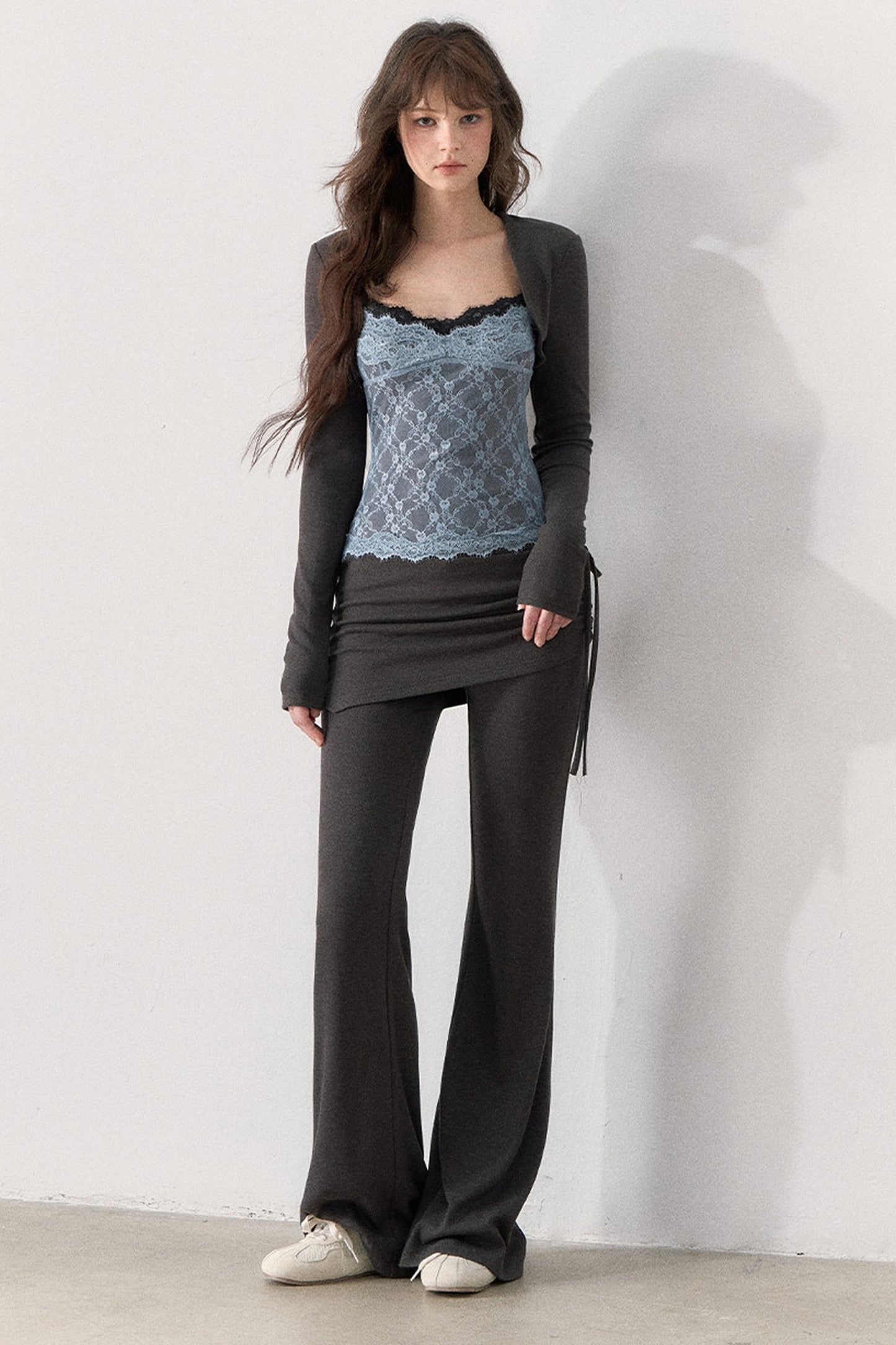 Lace Trim Knit Top and Flared Pants Set-Up