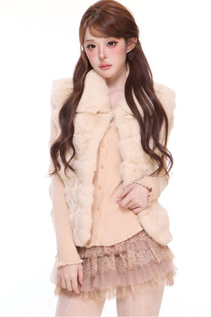 Rabbit Fur Vest and Knitted Sweater Cake Skirt Set-Up