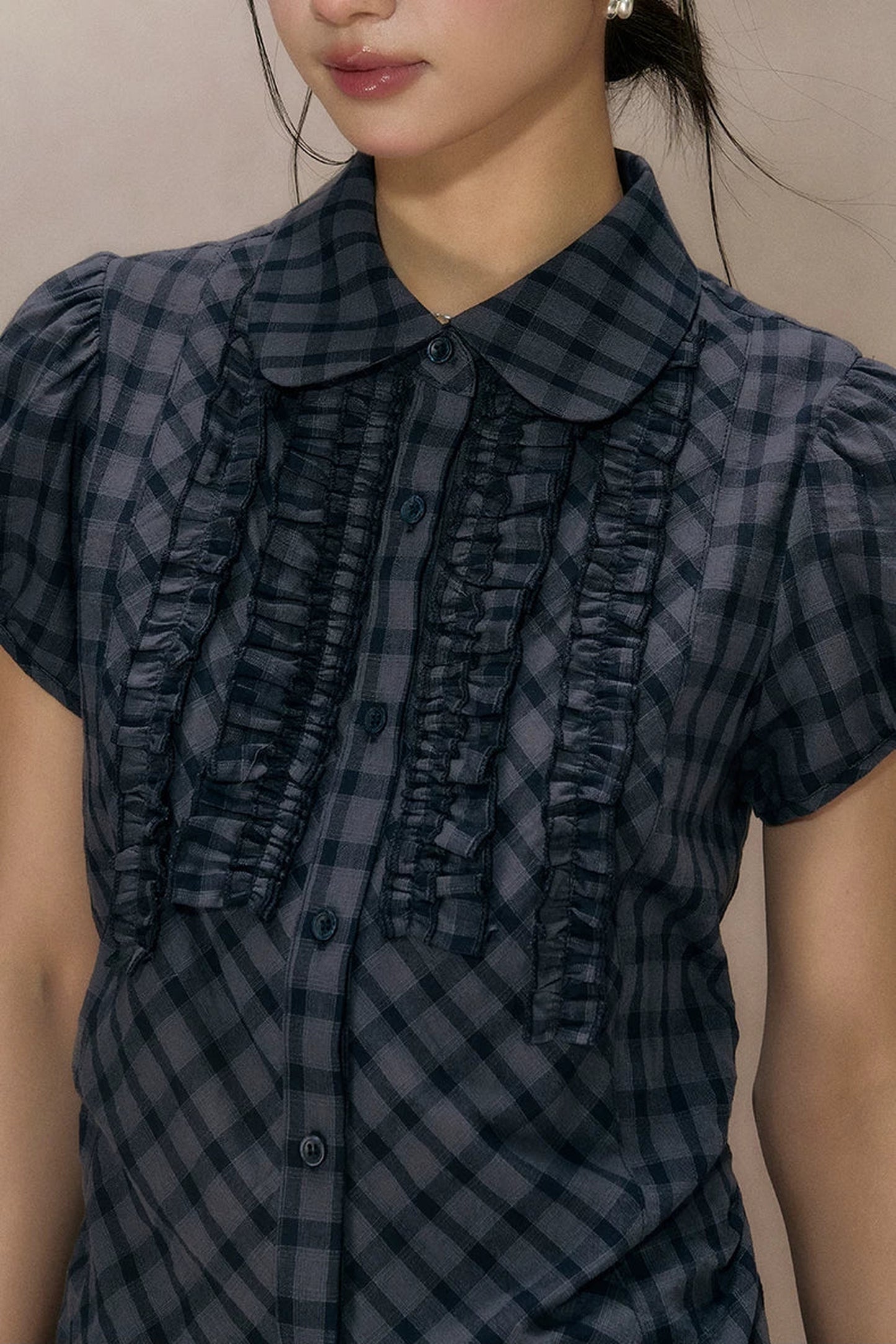 Navy Plaid Ruffled Short Sleeve Shirt