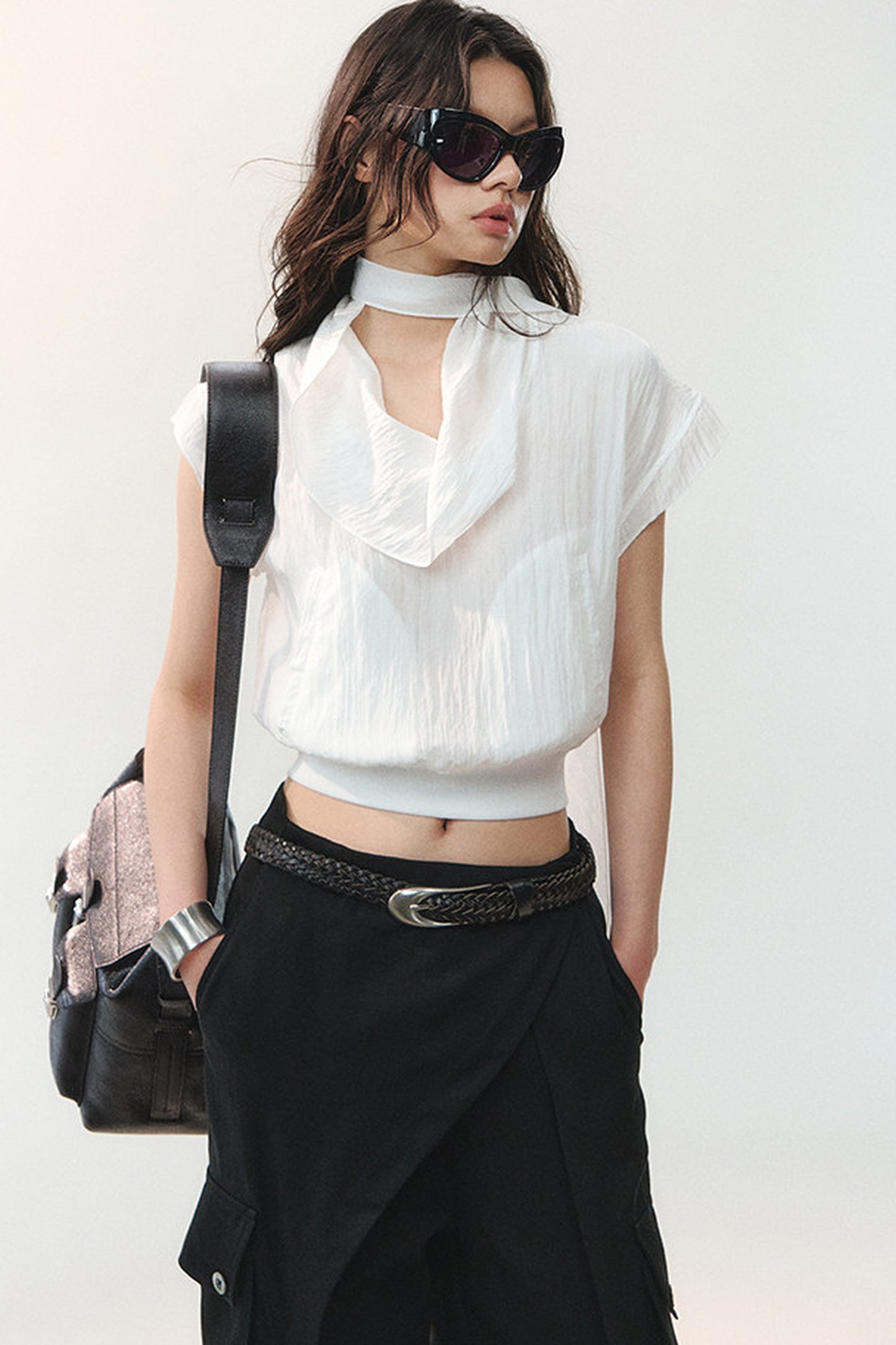 Drape Collar Short Sleeve Shirt With Tie
