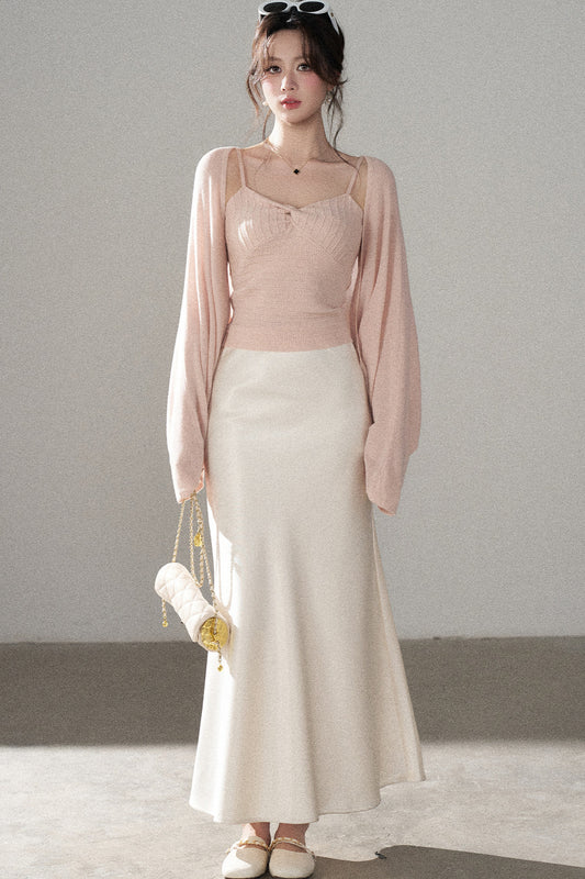 V-Neck Knitted Cardigan and Camisole Set-Up