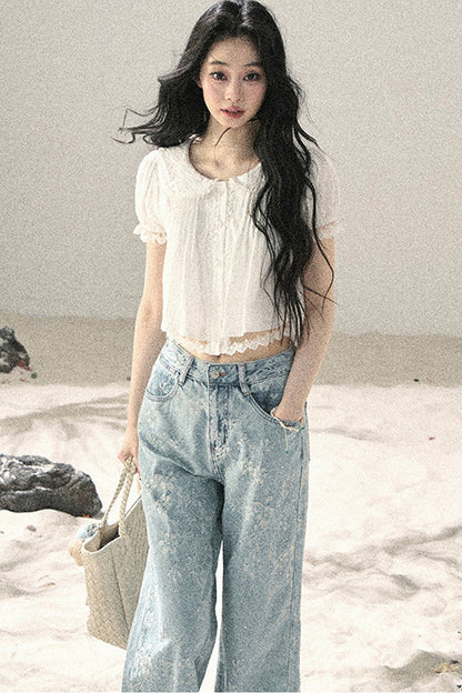 French Style Lace Puff Sleeve Blouse