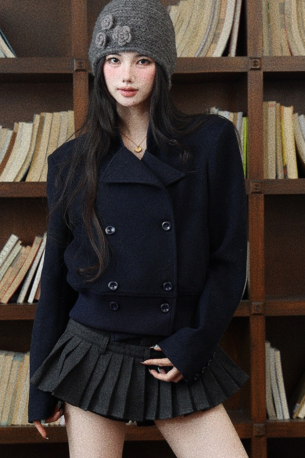 Navy Blue Short Woolen Jacket
