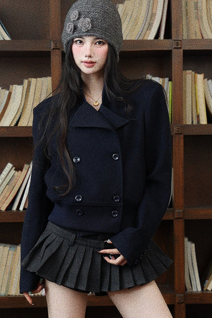 Navy Blue Short Woolen Jacket