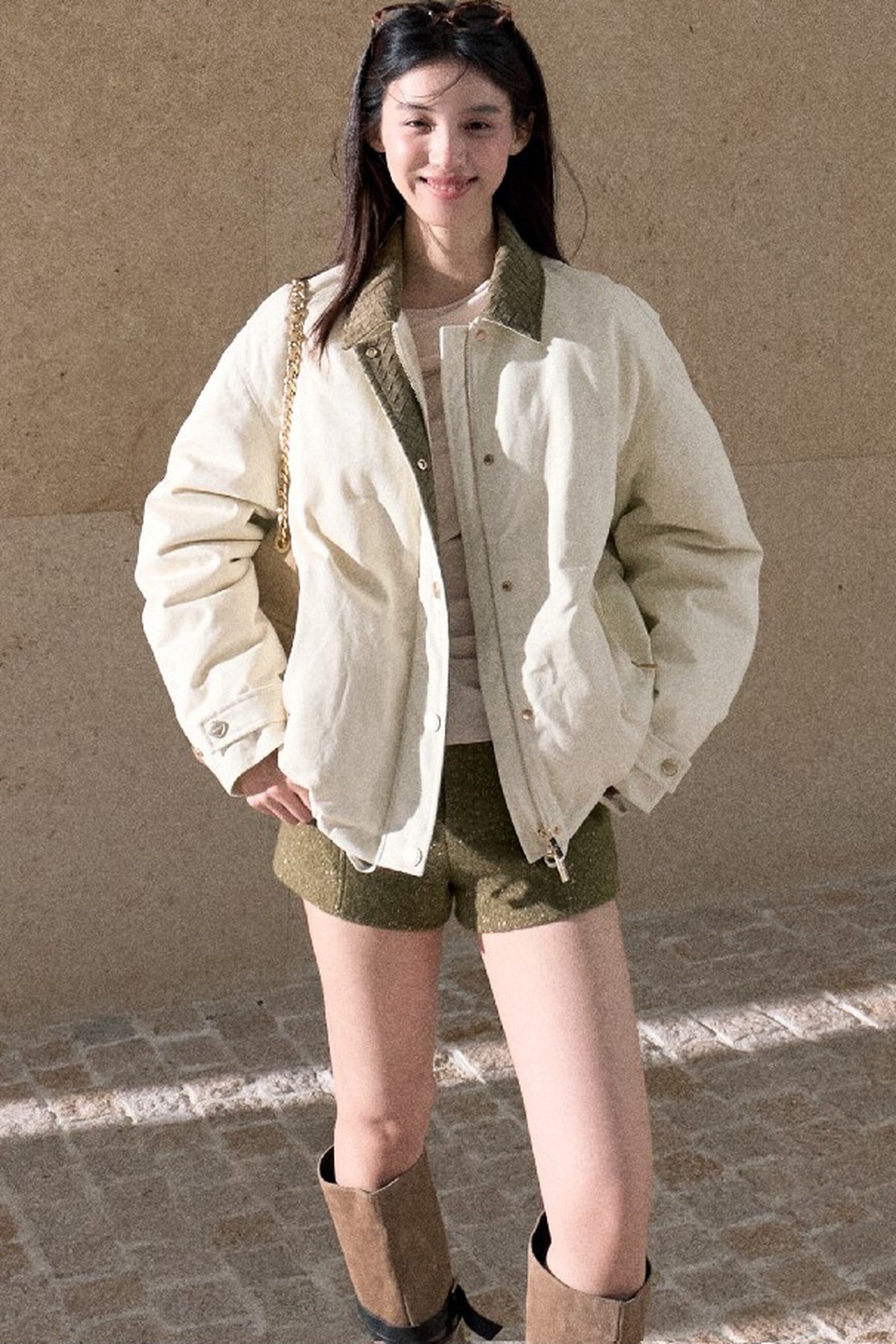 Suede Spliced 95% White Duck Down Jacket