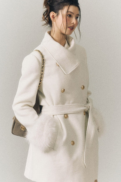 White Wool Detachable Fur Sleeve Coat
