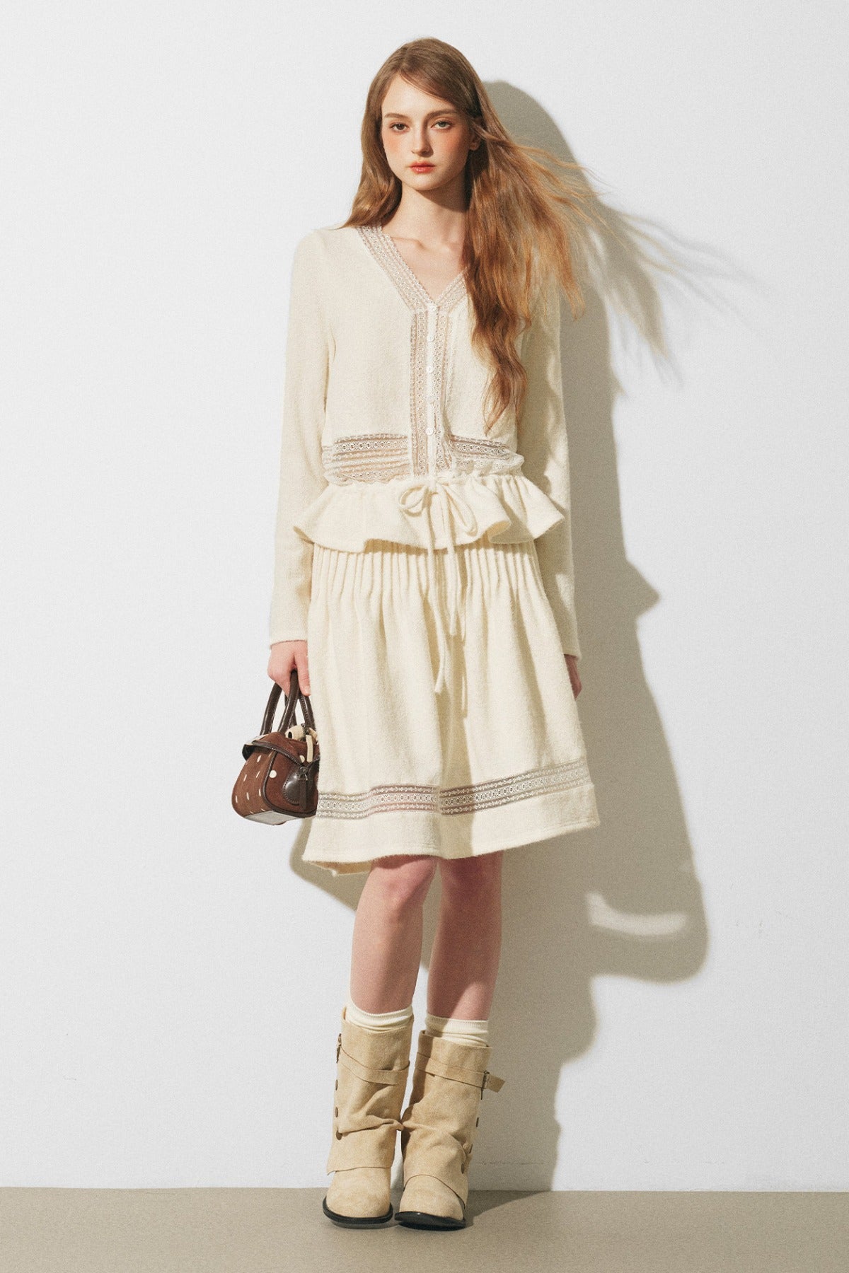 Lace Spliced Knit Cardigan and Skirt Set-Up