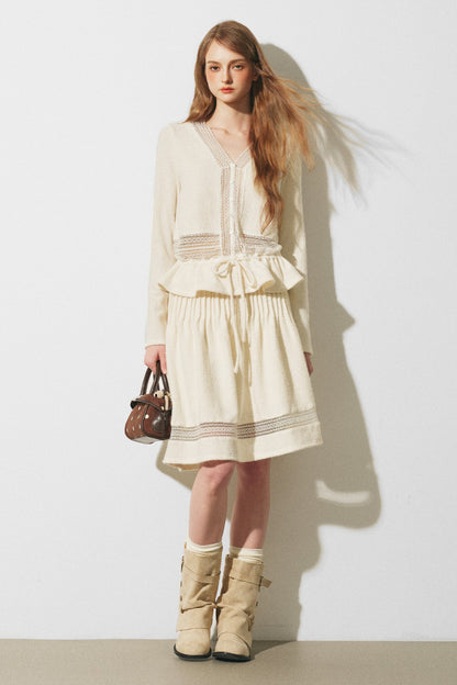 Lace Spliced Knit Cardigan and Skirt Set-Up