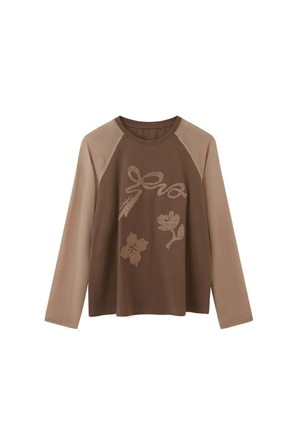 Bow Floral Spliced Long-Sleeve Top