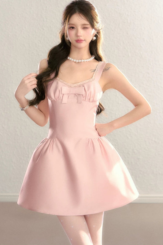 Pink French Bowknot U-Neck Dress