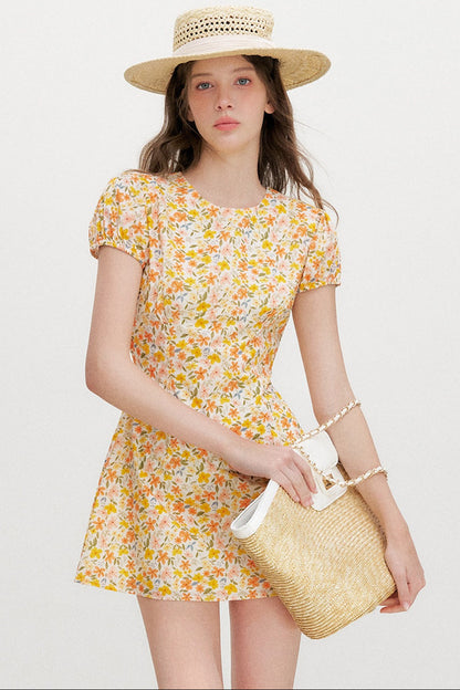 Warm Floral Puff Sleeve Dress