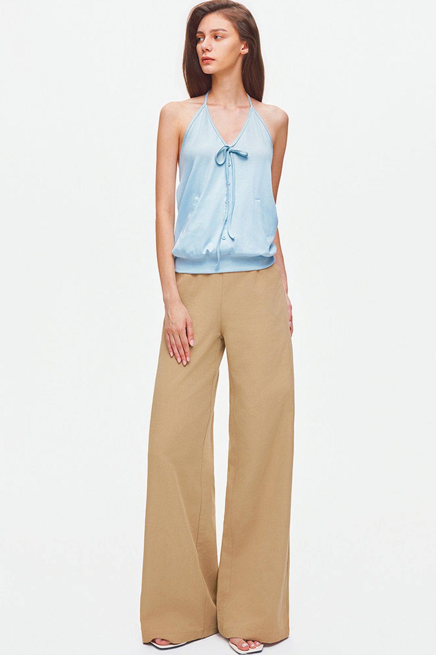 Knitted Halter Tie-Up V-Neck Top