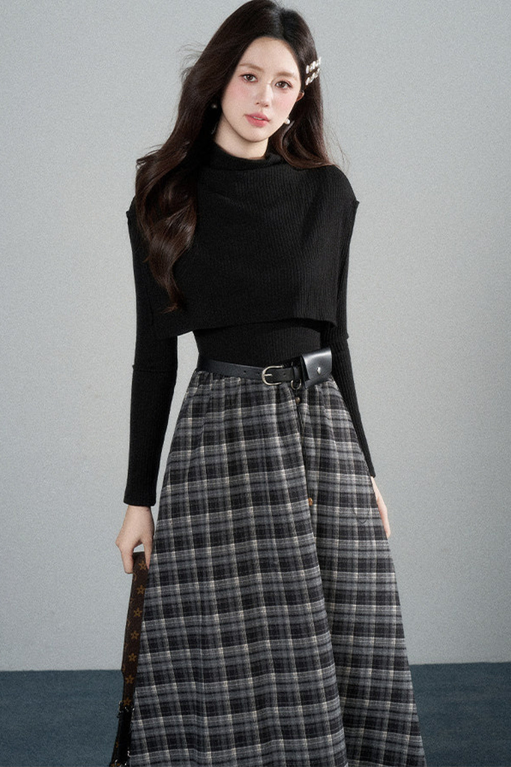 Black High-Neck Long-Sleeve Dress